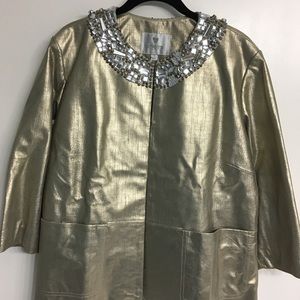 Metallic leather jacket with jeweled collar